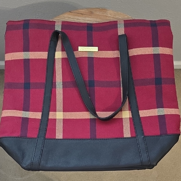 Joy & Iman Handbags - Joy & Iman Burgundy and Black Plaid Tote